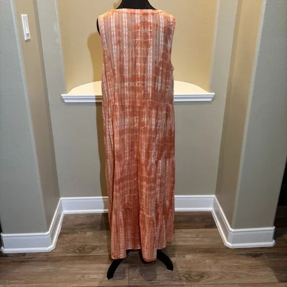 🧡 J.Jill Ibiza Tiered Orange Tie Dye Maxi Sleeveless Sun Dress XL - Picture 7 of 9